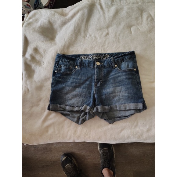 Express Pants - Express Jeans Womens Size 8 Medium Cuffed Denim Jean Shorts Embroidered Logo